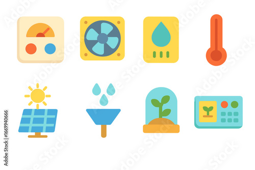 Smart Greenhouse Icons. Flat vector mini-illustrations Smart greenhouse control in colors children's illustrations: thermostat,