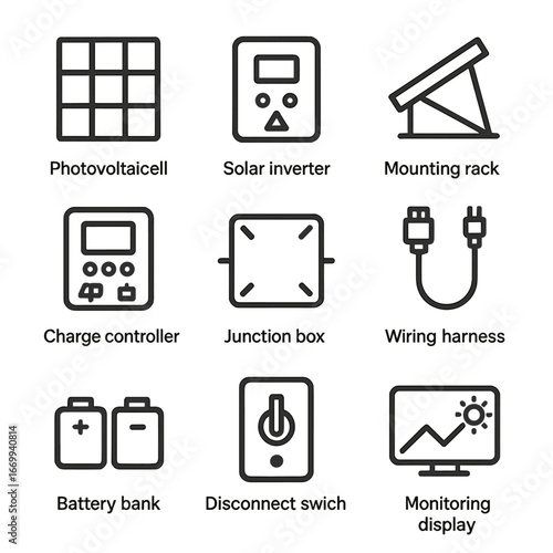 Solar Panel Components Icons. Outline icon set of solar panel components: photovoltaic cell, solar inverter, mounting rack, charge