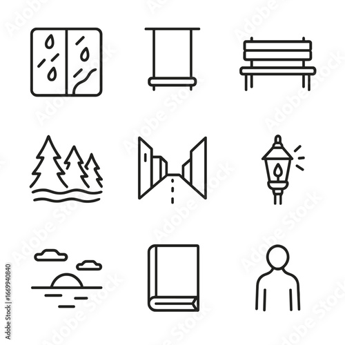 Solitude Icon Set. Outline icon set of scenes of solitude and melancholy: rainy window, empty swing, lone bench, misty forest,