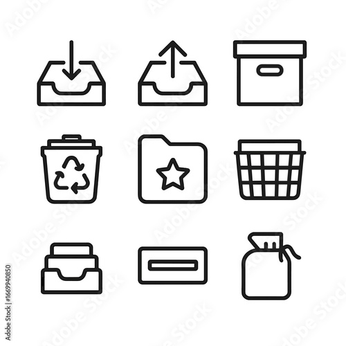 Sorting Icon Set. Outline icon set of sorting receptacles: inbox tray, outbox tray, archive box, recycling bin, priority folder,