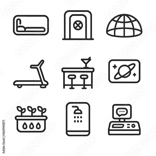 Space Hotel Amenities Icons. Outline icon set of space hotel and habitat amenities: sleeping pod, airlock entrance, transparent
