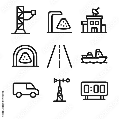 Space Launch Icons. Outline icon set of launch and landing infrastructure: launch pad tower, fueling arm, mission control building