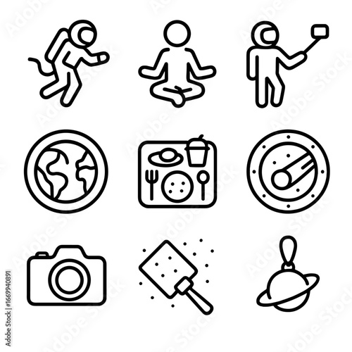 Space Tourist Icon Set. Outline icon set of tourist activities in space: spacewalk tether, zero-gravity yoga pose, orbital selfie