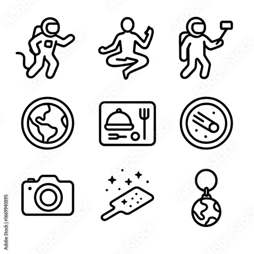 Space Tourist Icon Set. Outline icon set of tourist activities in space: spacewalk tether, zero-gravity yoga pose, orbital selfie