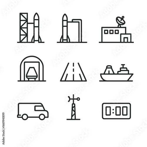 Space Launch Icons. Outline icon set of launch and landing infrastructure: launch pad tower, fueling arm, mission control building
