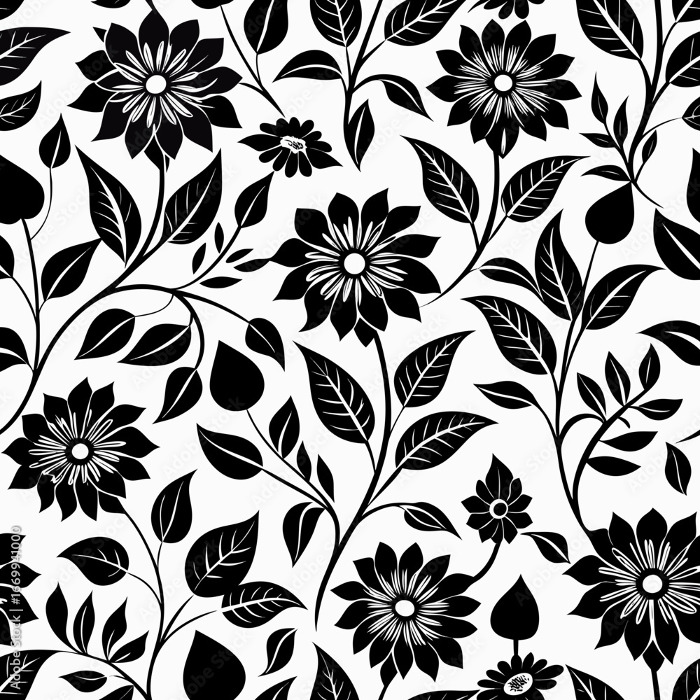 Fototapeta premium Seamless Floral Pattern vector clean black silhouette design white background