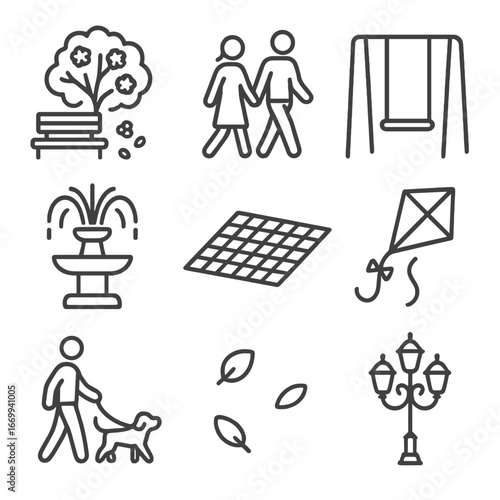 Springtime Park Icons. Outline icon set of urban park in springtime: flowering tree over bench, strolling couple, playground swing