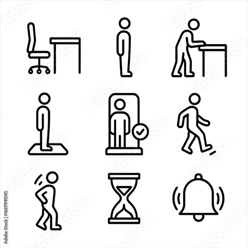 Standing Posture Icons. Outline icon set of standing up from the desk: chair pushed back, standing posture, desk edge grip,