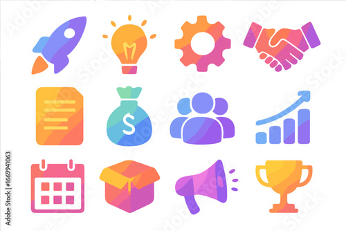 Startup Journey Icons. Gradient icons set of entrepreneurial startup journey: rocket launch, lightbulb, gear, handshake, charter