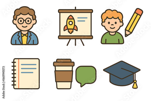 Startup Mentorship Icons. Flat vector mini-illustrations Startup mentorship session in colors children's illustrations: mentor