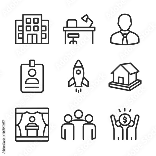 Startup Icons Set. Outline icon set of startup ecosystem components: incubator building, coworking space desk, mentor figure,