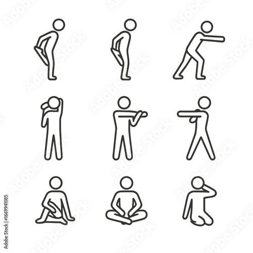 Static Stretch Icons. Outline icon set of static stretches for major muscle groups: hamstring stretch, quad stretch, calf stretch,