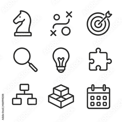 Strategic Planning Icons. Outline icon set of strategic planning services: chess knight, roadmap, target board, magnifying glass,