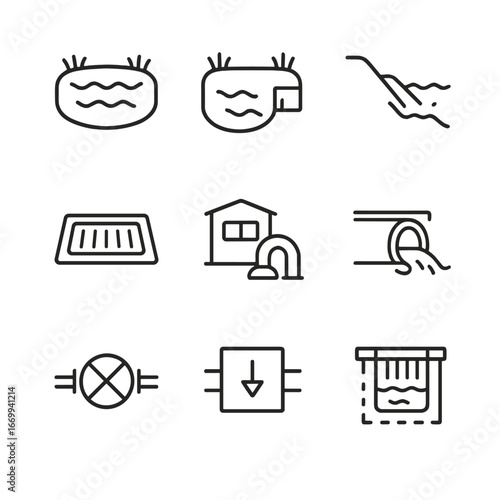 Stormwater Infrastructure Icons. Outline icon set of stormwater management infrastructure: retention pond, detention pond, storm