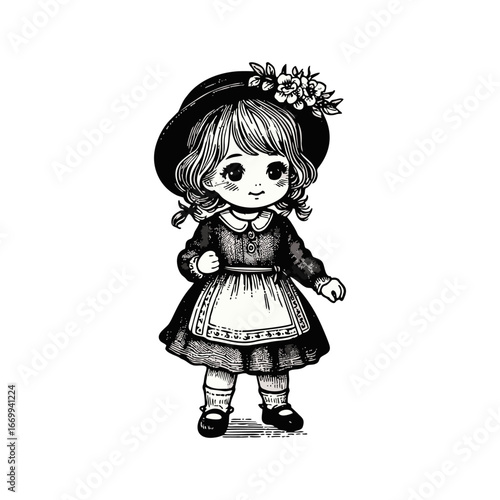 Vintage Illustration of Cute Little Girl in Traditional Dress and Floral Hat