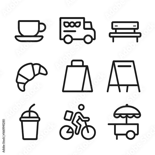 Street Food Icons. Outline icon set of street food and cafes: espresso cup, food truck, sidewalk bench, croissant pastry, takeout