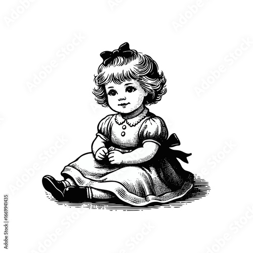 Vintage Engraved Illustration of a Sitting Baby Girl with Curly Hair and a Bow