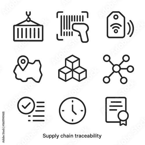Supply Chain Icons. Outline icon set of supply chain traceability: shipping container, barcode scan, RFID tag, provenance map,