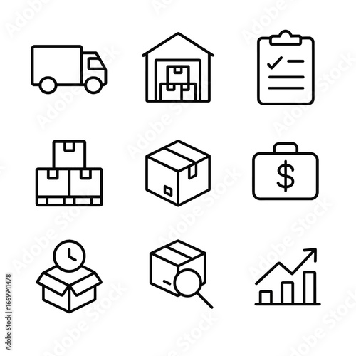 Supply Chain Icons. Outline icon set of supply chain cost drivers: transportation, warehousing, order processing, inventory