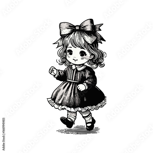 Vintage Illustration of a Cute Little Girl Walking with a Big Bow and Curly Hair