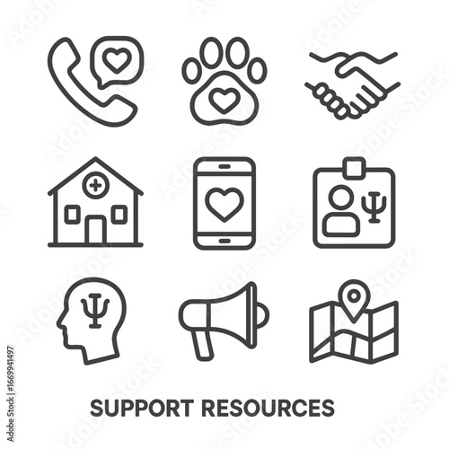 Support Resources Icons. Outline icon set of support resources: mental health hotline phone, therapy dog paw, peer support