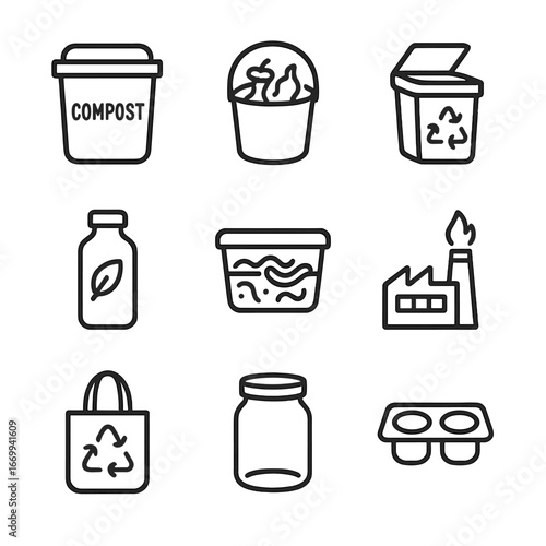 Sustainable Icons Collection. Outline icon set of waste reduction and recycling: compost bin, food scraps bucket, recycling bin,