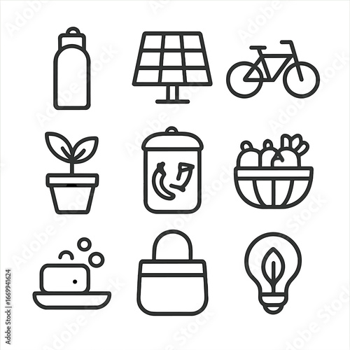 Sustainable Lifestyle Icons. Outline icon set of sustainable lifestyle and self-care: reusable water bottle, solar panel, bicycle,