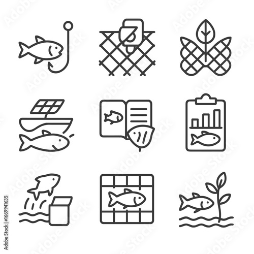 Sustainable Fishing Icons. Outline icon set of sustainable fishing practices: catch-and-release hook, mesh size gauge,