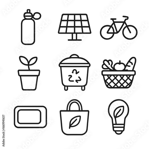 Sustainable Lifestyle Icons. Outline icon set of sustainable lifestyle and self-care: reusable water bottle, solar panel, bicycle,