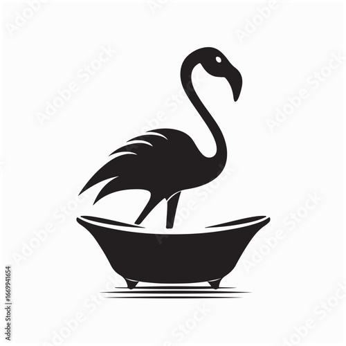Cute Flamingo Taking a Bath Silhouette Vector Illustration