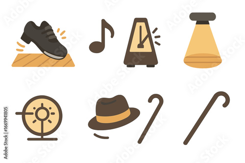 Tap Dance Icons. Flat vector mini-illustrations Tap shoes tapping rhythm on wooden floor in colors children's illustrations: tap