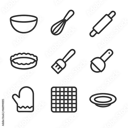 Tart Baking Tools Icons. Outline icon set of tart assembly and baking tools: mixing bowl, whisk, rolling pin, tart pan, pastry