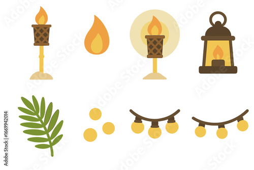 Tiki Torch Icons Grid. Flat vector mini-illustrations Tiki torch pathway lighting in colors children's illustrations: tiki torch,