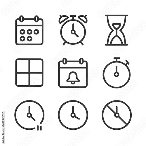 Time Management Icons. Outline icon set of time management boundaries: calendar, alarm clock, hourglass, stopwatch, blocked
