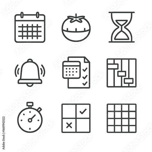 Time Management Icons. Outline icon set of time management strategies: calendar planner, Pomodoro timer, hourglass, alarm bell,