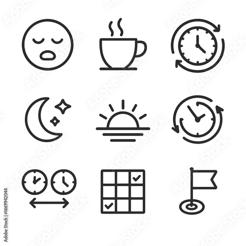 Time Zone Challenges Icons. Outline icon set of time zone coordination challenges: tired face emoji, coffee cup cup with steam,