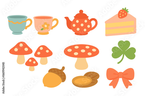 Toadstool Tea Party. Flat vector mini-illustrations Tea party on toadstools in colors children's illustrations: fairy cups, tiny