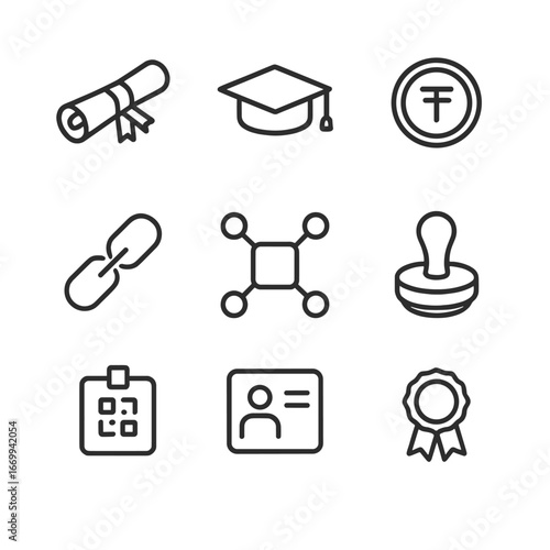 Tokenized Education Icons. Outline icon set of tokenized education credentials: diploma scroll, graduation cap, token coin,