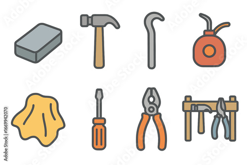 Tool Maintenance Icons. Flat vector mini-illustrations Tool maintenance station in colors children's illustrations: sharpening