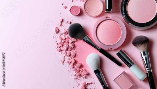 Pink makeup products and brushes on a pastel pink background (1)