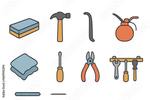 Tool Maintenance Icons. Flat vector mini-illustrations Tool maintenance station in colors children's illustrations: sharpening