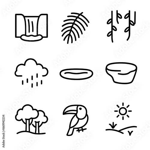 Tropical Waterfall Icons. Outline icon set of tropical waterfalls: plunge waterfall, lush palm frond, hanging vines, mist spray,