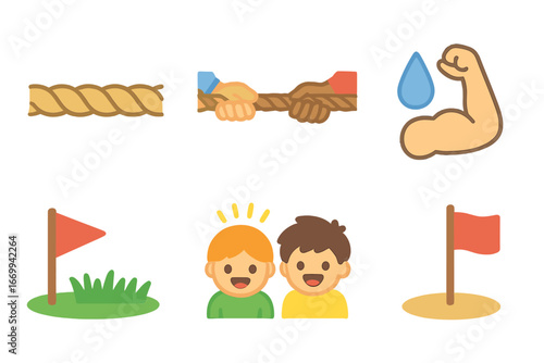 Tug of War Icons. Flat vector mini-illustrations Tug of war challenge in colors children's illustrations: rope, team hands, ground