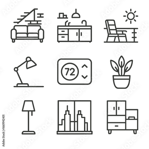 Urban Interior Icon Set. Outline icon set of urban residential interiors: loft apartment sofa, studio kitchen island, rooftop