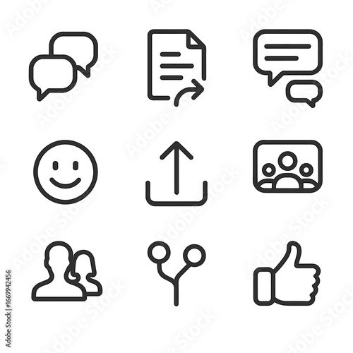 User Content Icons. Outline icon set of user-generated content collaboration: group discussion bubble, shared document, comment