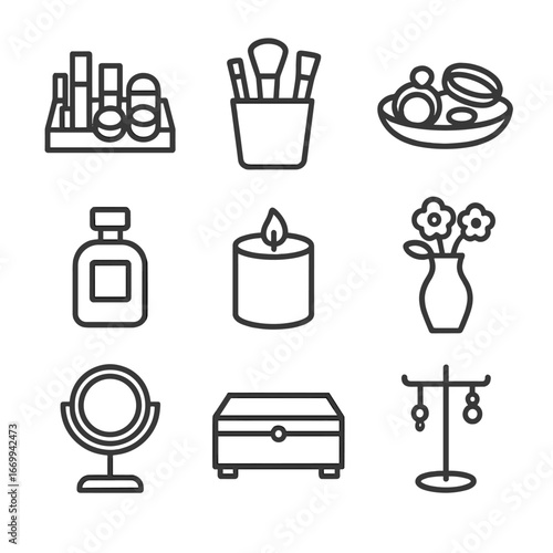 Vanity Desk Icons. Outline icon set of vanity desk organization and décor: makeup organizer tray, brush holder cup, jewelry dish,