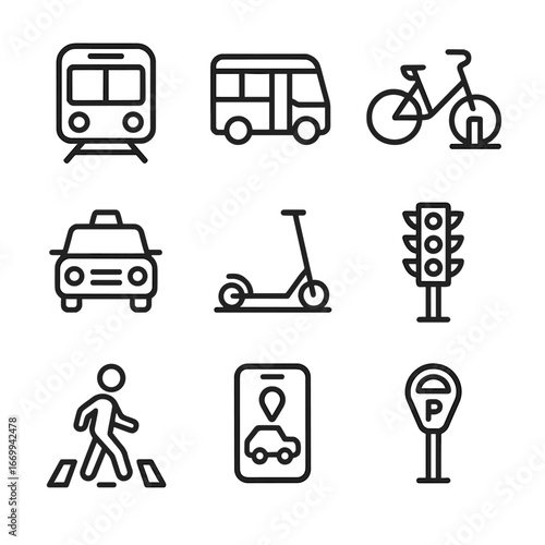Urban Transport Icons. Outline icon set of urban transportation: subway train, city bus, bicycle share, taxi cab, scooter dock,