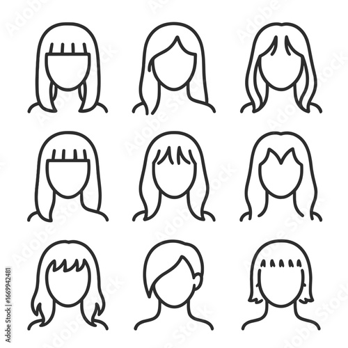 Variety of Bangs Icons. Outline icon set of bang styles: blunt bangs, side-swept bangs, curtain bangs, micro bangs, wispy bangs, V