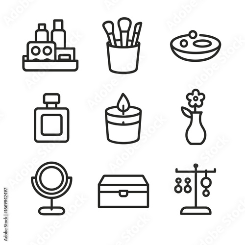 Vanity Desk Icons. Outline icon set of vanity desk organization and décor: makeup organizer tray, brush holder cup, jewelry dish,