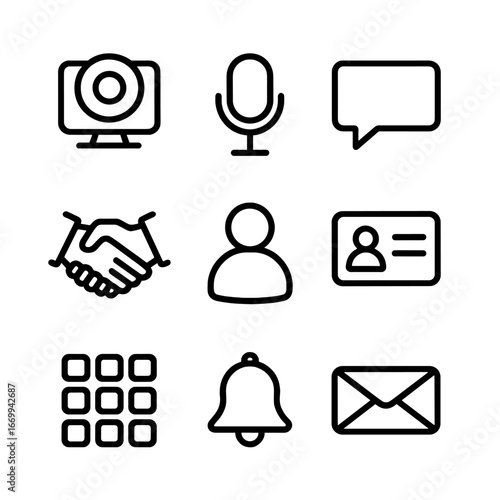 Virtual Networking Icons. Outline icon set of virtual networking events: webcam, microphone, chat bubble, handshake icon, attendee